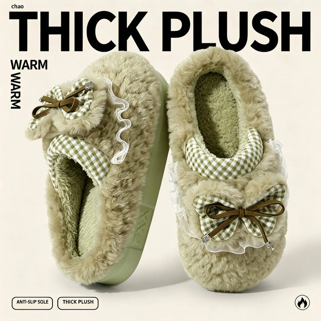Kawaii Winter Warm Cotton Slippers Women Plaid Bowknot Lace Ruffle Plush Thick Platform Non-Slip Indoor Casual Shoes