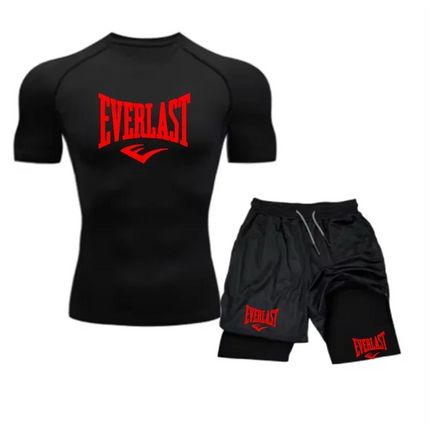 EVERLAST Camicia da Compressione da Uomo + Pantaloncini Sportivi 2 in 1 Set da 2 Pezzi per Il Tempo Libero Respiro Manica Corta Sport Jogging Palestra Marchio di Abbigliamento Stampa platinumshop