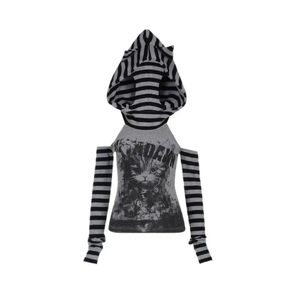 Japanese Gothic Vintage Punk Women Hoodie Striped Patchwork Cat Print Hollow Out Slim Long Sleeve Soft Pullovers 2025 Autumn New