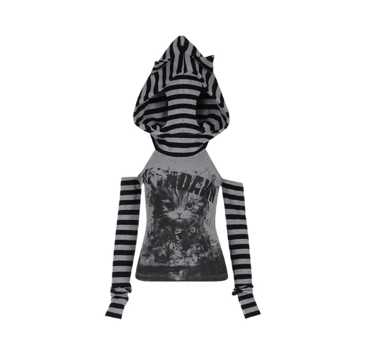 Japanese Gothic Vintage Punk Women Hoodie Striped Patchwork Cat Print Hollow Out Slim Long Sleeve Soft Pullovers 2025 Autumn New