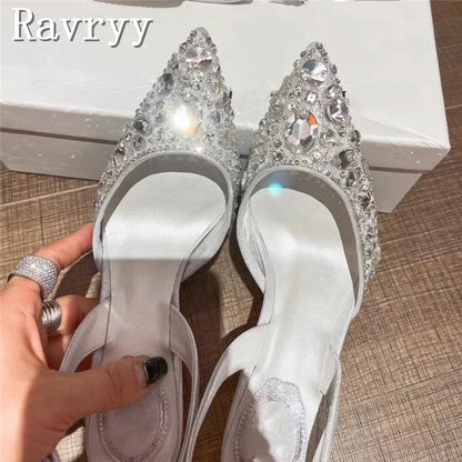 Pointed Toe Lace Crystal Women Pumps New Wedding High Heel Shoes Luxury Design Sexy Bride Party Stiletto Sandals