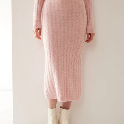 Autumn Winter 100% Cashmere Skirt Women Soild Mid-calf  High Waist Twist Flower Fit Slimming Knitted Dress  Light Luxury Elegant PlatiNum