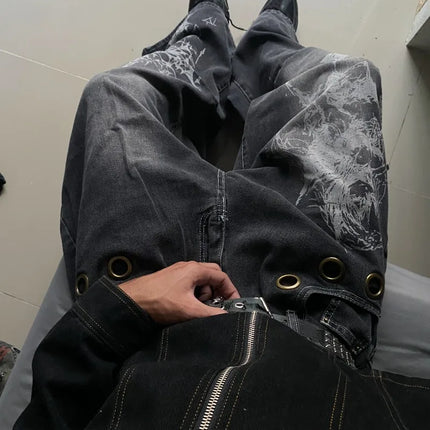 American New Fashion modello oversize stampato jeans lavati uomo Y2K gotico rock popolare casual Joker pantaloni a gamba larga a vita alta