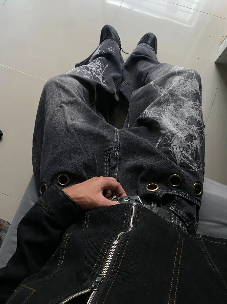American New Fashion modello oversize stampato jeans lavati uomo Y2K gotico rock popolare casual Joker pantaloni a gamba larga a vita alta