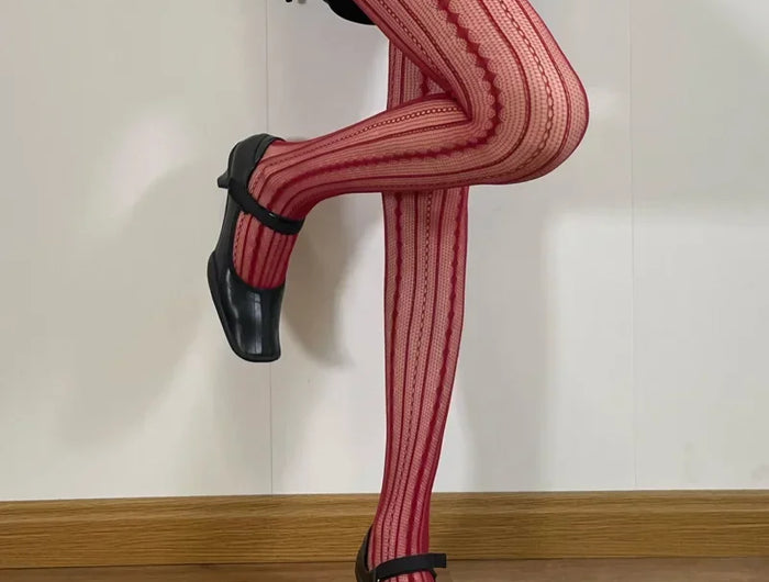 Women's Sexy Lace Fishnet Stockings Lolita Style Hollow Out Design Red Silk Socks JK High Waist Striped Tights Christmas Gifts