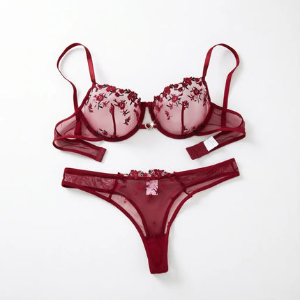 Ladies' Wine Red Heart-Shaped Design Embroidered Semi Transparent Comfortable Breathable Underwear Set, Suitable ZA825026