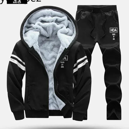 M-6XL Men's Winter 2 Piece Tracksuit Set, Thickened Warm Hooded Coat & Sweater, Outdoor Hiking Cycling Camping Running Outerwear