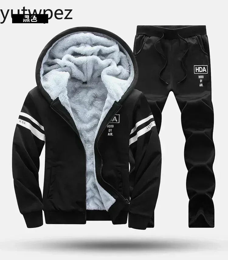 M-6XL Men's Winter 2 Piece Tracksuit Set, Thickened Warm Hooded Coat & Sweater, Outdoor Hiking Cycling Camping Running Outerwear