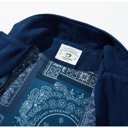 Vintage Lapel Waistcoat Men Autumn Winter New Kendo Fabric Multi-pocket Indigo Jacket Suit Vest Handmade Blue Dyed Cardigan Coat