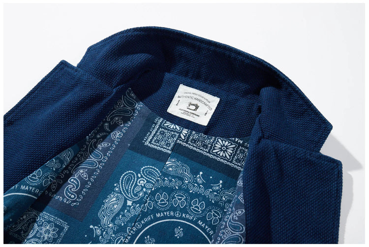 Vintage Lapel Waistcoat Men Autumn Winter New Kendo Fabric Multi-pocket Indigo Jacket Suit Vest Handmade Blue Dyed Cardigan Coat