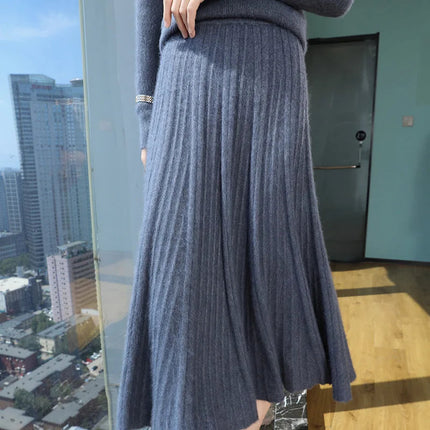 100% Pure Mink Pleated Skirts Women's Elastic High Waist Knitted Dress Fashion Joker Loose Big Swing Skirt Thick Umbrella Skirt PlatiNum