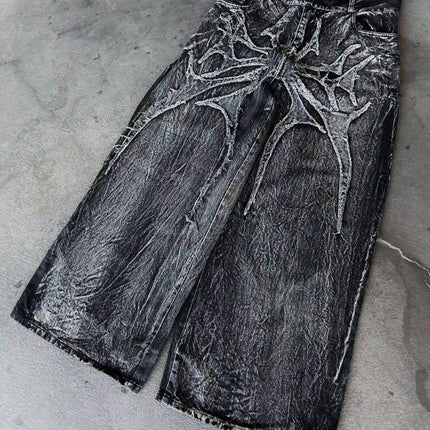 Pantaloncini Larghi Unisex Stile Gotico Retrò Y2K, Jeans Phantom con Ricamo a Ragno, Streetwear Hip Hop