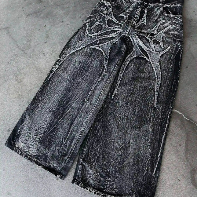 Pantaloncini Larghi Unisex Stile Gotico Retrò Y2K, Jeans Phantom con Ricamo a Ragno, Streetwear Hip Hop