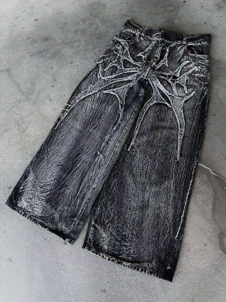 Pantaloncini Larghi Unisex Stile Gotico Retrò Y2K, Jeans Phantom con Ricamo a Ragno, Streetwear Hip Hop