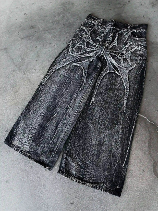 Unisex Loose Retro Y2K Gothic Shorts, Phantom Jeans with Spider Embroidery, Hip Hop Streetwear