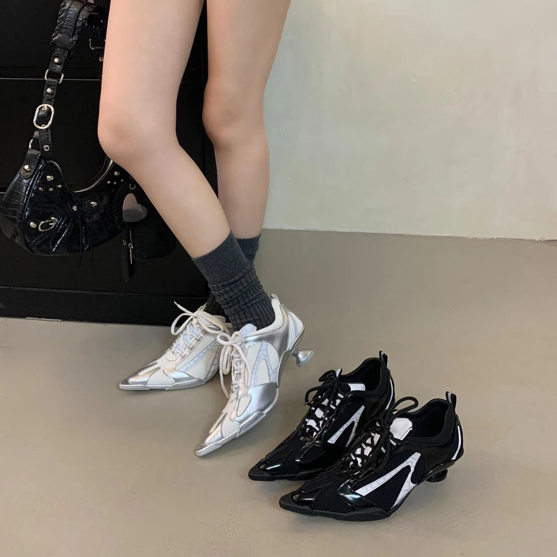 Low Heels Silver Shoes Women Pointed Toe Lace Up Sports Style High Heels Comfort Ladies Pumps Black Spring 2025 Shoes