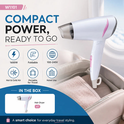 1600W Dual Voltage Hair Dryer Foldable Design 100-240V Portable Travel Hairdryer Hot Cold Air Styling Tool Hotel Use