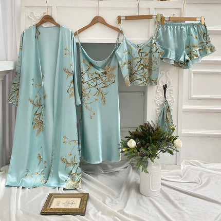 4PC Abito di seta Abito da notte Pigiama di raso di pizzo da donna Abito con scollo a V Cami Camicie da notte Indossare Pijama Home Nightwear Camicia da notte primaverile