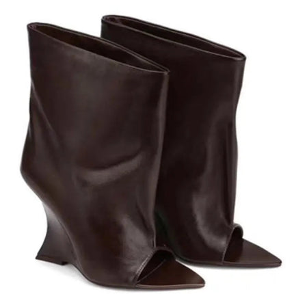2025Ladies' Spring and Summer New Fish Mouth Slope High Heel Knee Boots, Fashionable Pointed Fashion Show Medium Cool Boots PlatiNum
