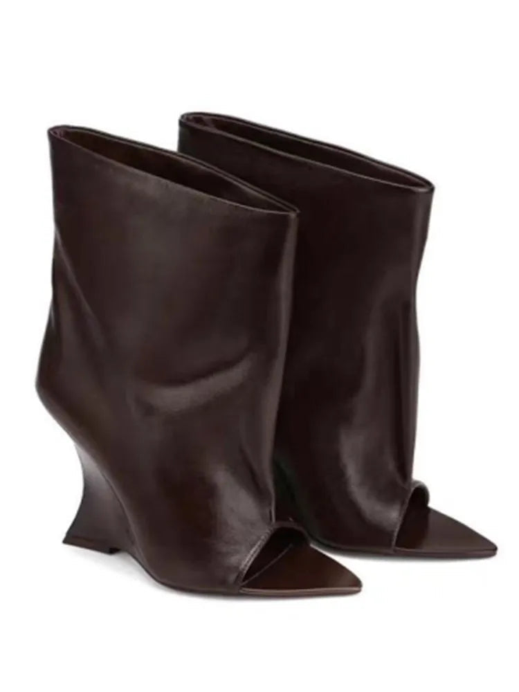 2025Ladies' Spring and Summer New Fish Mouth Slope High Heel Knee Boots, Fashionable Pointed Fashion Show Medium Cool Boots PlatiNum