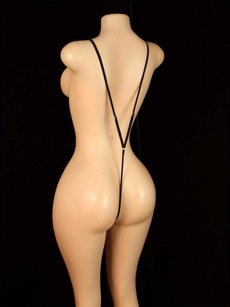 Sexy Adjustable Strappy Teddy Bodysuit for Women - Black Lingerie with Red Accents, Backless Design, Semi-Sheer Adult Apparel