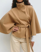 Women Batwing Sleeve Woolen Belted Eclipse Jacket Solid Stand Collar Single Breasted Lace Up Coat Fall Winter Chic Outerwear