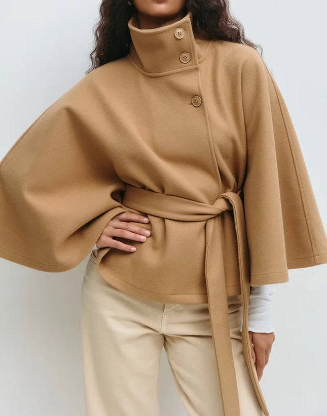 Women Batwing Sleeve Woolen Belted Eclipse Jacket Solid Stand Collar Single Breasted Lace Up Coat Fall Winter Chic Outerwear