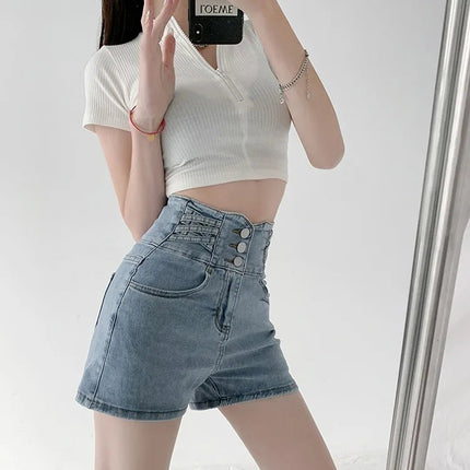 Women's super high waisted denim shorts for summer girls, new black A-line waist cinching slimming design, hot pants PlatiNum