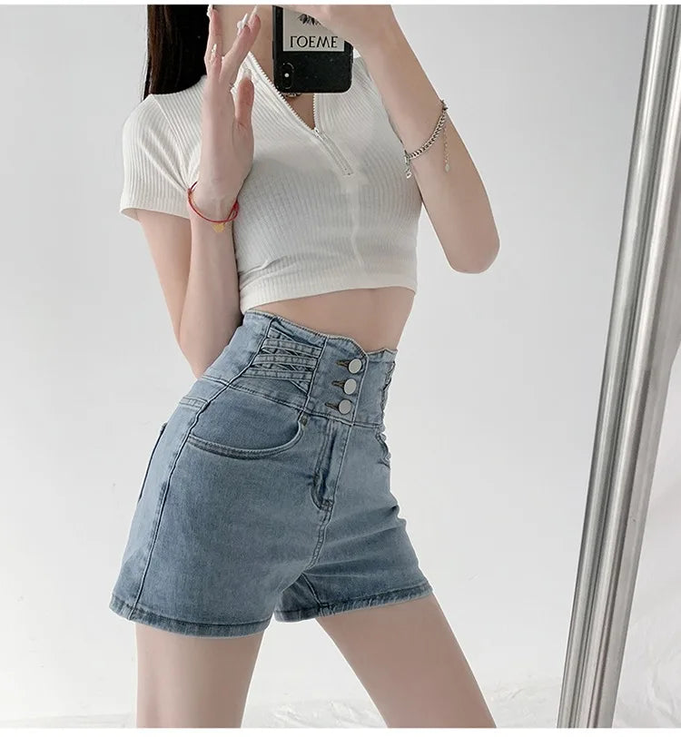 Women's super high waisted denim shorts for summer girls, new black A-line waist cinching slimming design, hot pants PlatiNum