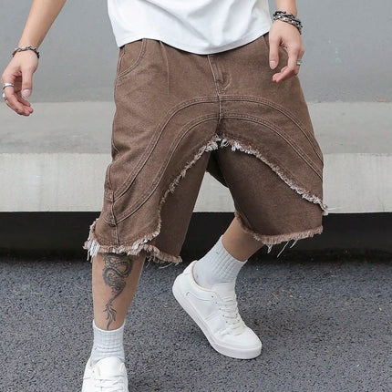 Pantaloncini estivi in denim marrone da uomo, caratterizzati dallo stile street retrò alla moda, alla moda, vestibilità ampia, adatti per l'abbigliamento casual quotidiano.