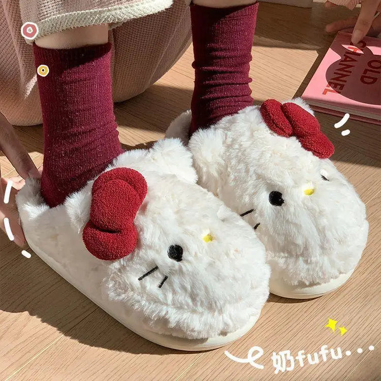 San-Rio Cute Girls Plush Slippers Cartoon Hello Kitty Winter Women Warm Cotton Shoes Female Kawaii Home Thick Sole Shoes Outdoor