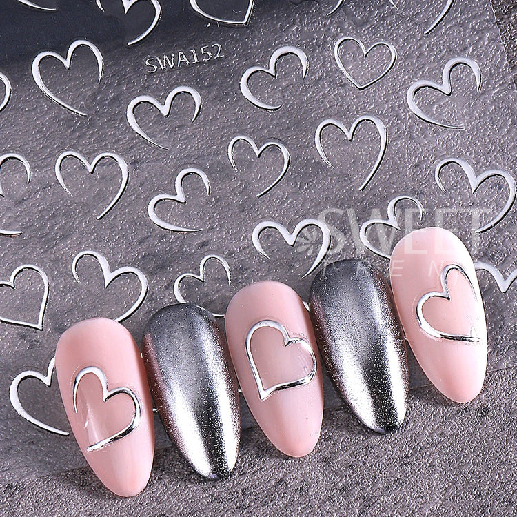 4pcs Valentine's Day Nail Art Stickers 3D Gold/Silver French Lines Love Heart Nail Decals Adhesive Slider Manicure Decorations
