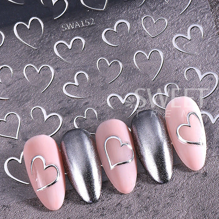 4pcs Valentine's Day Nail Art Stickers 3D Gold/Silver French Lines Love Heart Nail Decals Adhesive Slider Manicure Decorations