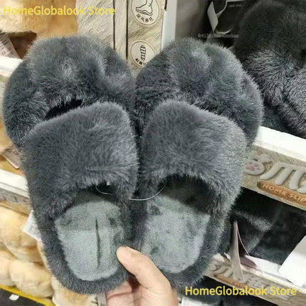 Women Kawaii Furry Cat Paw Slippers, Imitation Fur Fluffy Plush Warm Home Shoes, Comfort Flat Heel Cute Cat Slippers for Bedroom Indoor Daily Wear