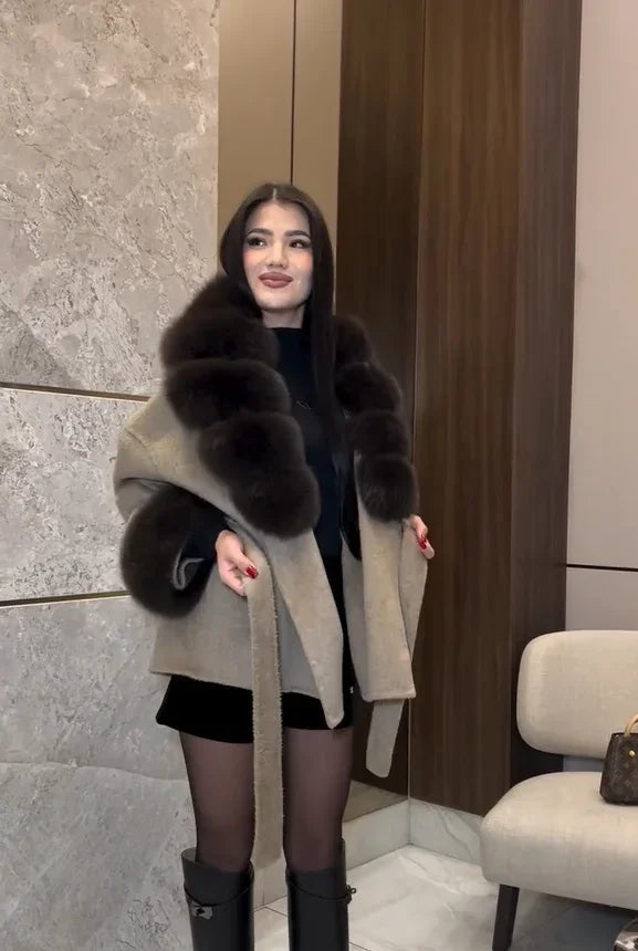 Solid Color Faux Fur Collar Cuff Wool Coat Women Belted Waist Short Jacket 2026 Winter Lady Street Daily Party Casual Outwear