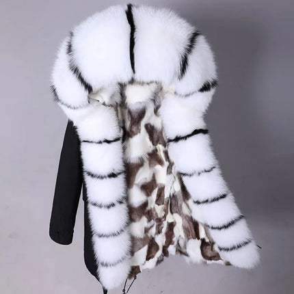 Winter Long Jacket Real Fur Coat Women Clothes Large Silver Fox Fur Collar Detachable Natural Fox Lining Parkas Leather Fur