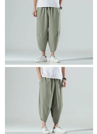 Pantaloncini Estivi da Uomo Stile Cinese Harajuku, Pantaloni Harem Oversize, Pantaloni Vintage Traspiranti a Tinta Unita, Lunghezza al Polpaccio