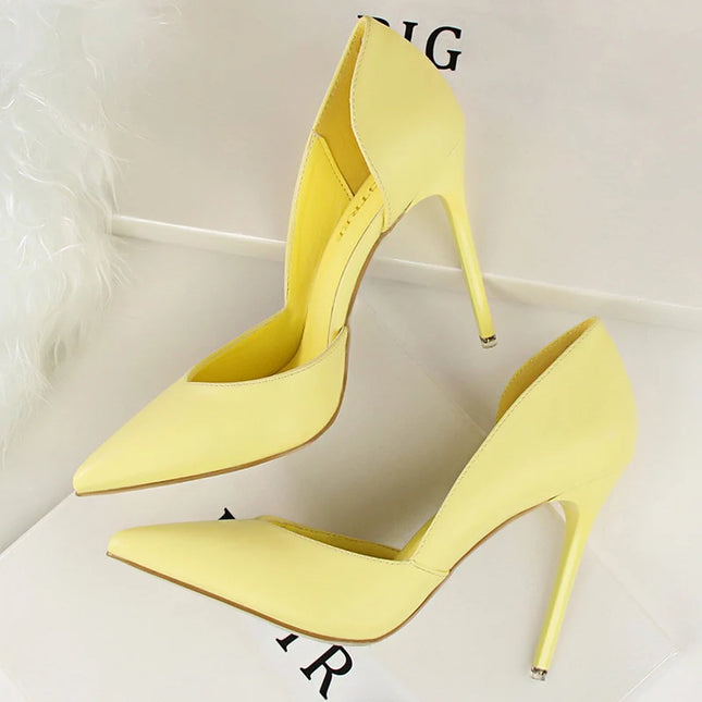 Women's Summer 10.5cm High Heels Pumps Female Leather Escarpins Elegant Sweet Yellow Pink Stiletto Lady Wedding Shoes Hollow