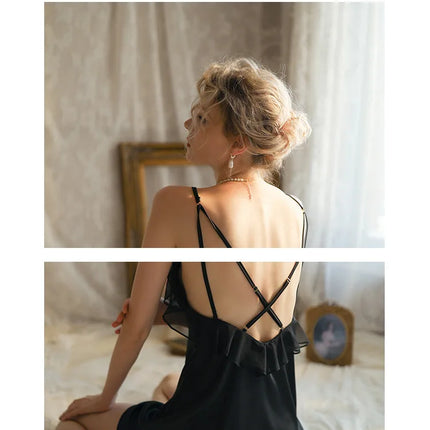 Camisón de satén de nueva moda Camisón sedoso de mujer Vestido de combinación Detalle romántico con volantes Ropa de dormir Lencería con tirantes finos Venta caliente