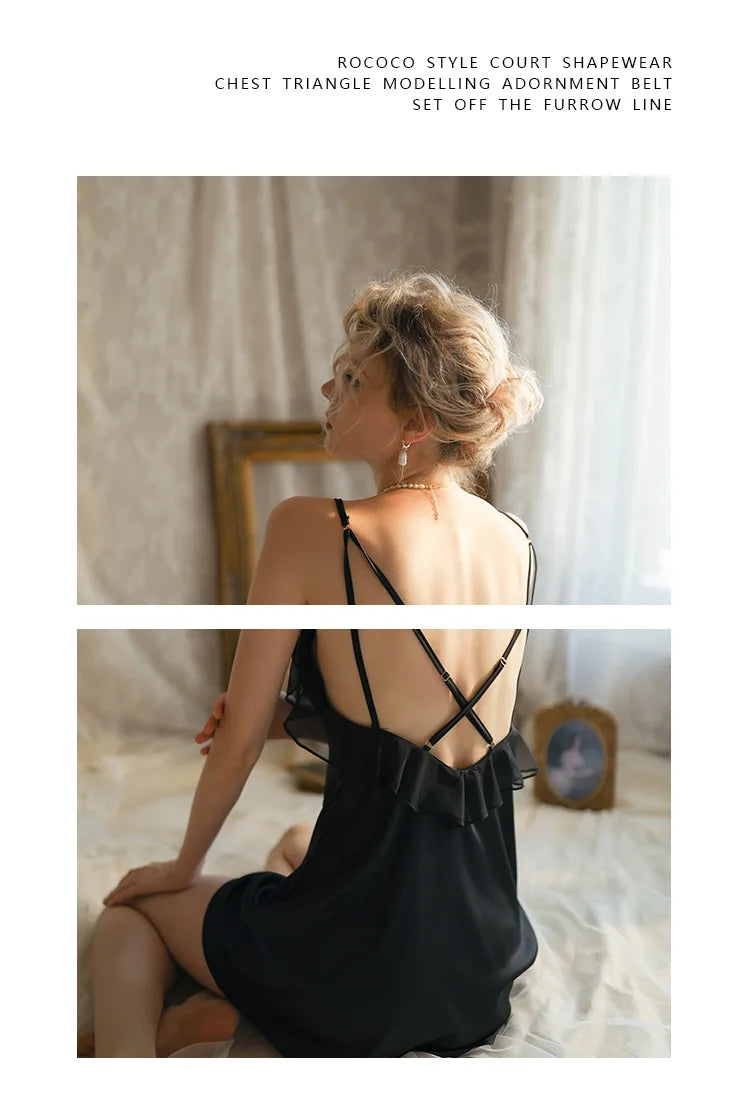 Camicia da notte in raso di nuova moda Camicia da notte setosa da donna Abito sottoveste Romantico dettaglio volant Indumenti da notte Cinghia per spaghetti Lingerie Vendita calda