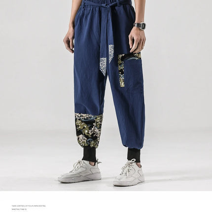 Pantaloni da uomo Costume da samurai giapponese Ukiyo-e Cintura con stampa Pantaloni stile harem da uomo in cotone e lino Pantaloni casual Harajuku da uomo Taglie forti 5XL