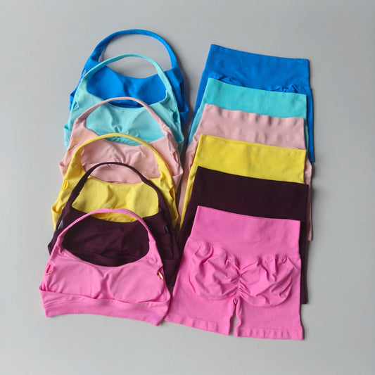 2PCs Peach High Waist Belly Hip Lifting Sports Bras Shorts Suit Gathering Shock-proof Neck Halter Yoga Suit Running Fitness Set