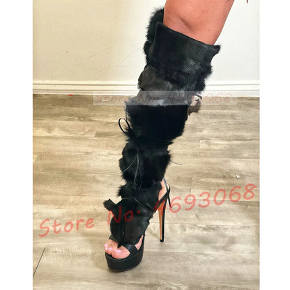 Real Fur Wrap Cross Tied Platform Sandals Women Luxury Open Toe Furry High Heels Long Shoes Ladies Sexy Colored Puttee Sandals