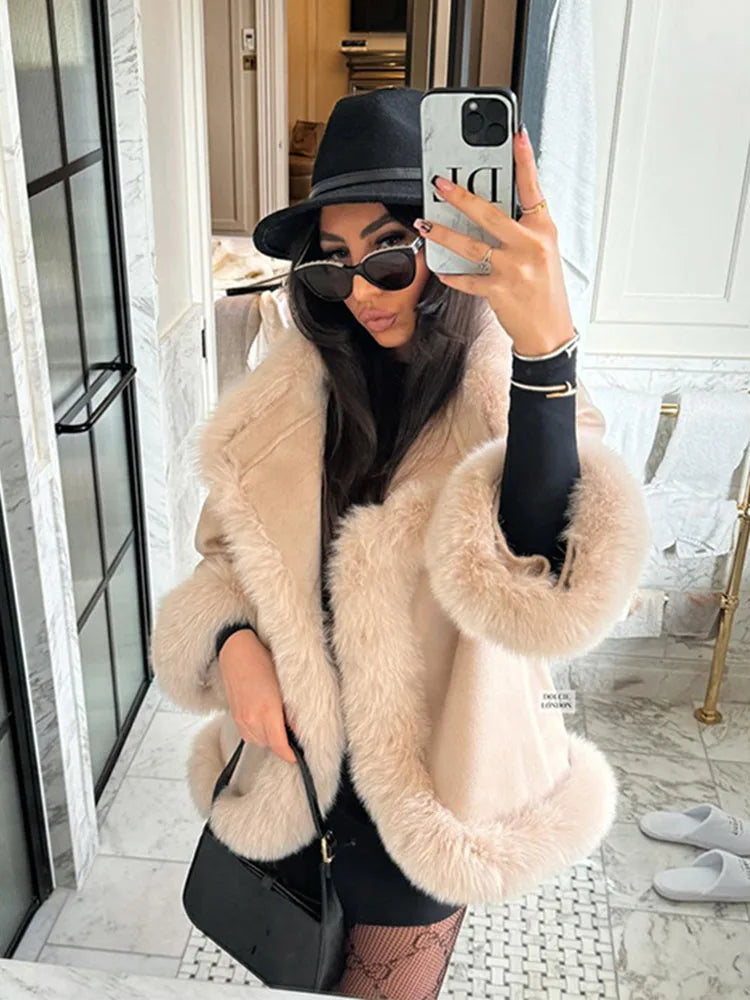 ZADORIN Elegant White Woolen Cape Faux Fur Coat Woman Fur Trim Loose Plush Fur Jacket Woman 2025 Winter Fur Faux Coat Outerwears