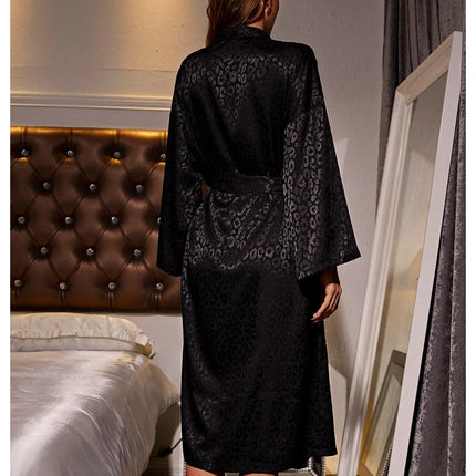 Vestaglia da notte con stampa leopardata, manica lunga, scollo a V, con cintura, pigiama da donna