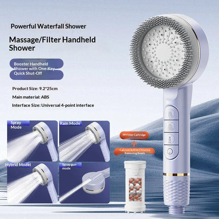 Soffione doccia autopulente a 4 modalità con spazzola in silicone, arresto acqua con un tasto, massaggio ad alta pressione, soffione in ABS con filtro