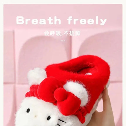 Women Cute Hello Kitty Thick Platform Plush Slippers Warm Fuzzy Non-Slip Bowknots Winter Indoor Bedroom Cozy Fluffy House Slides