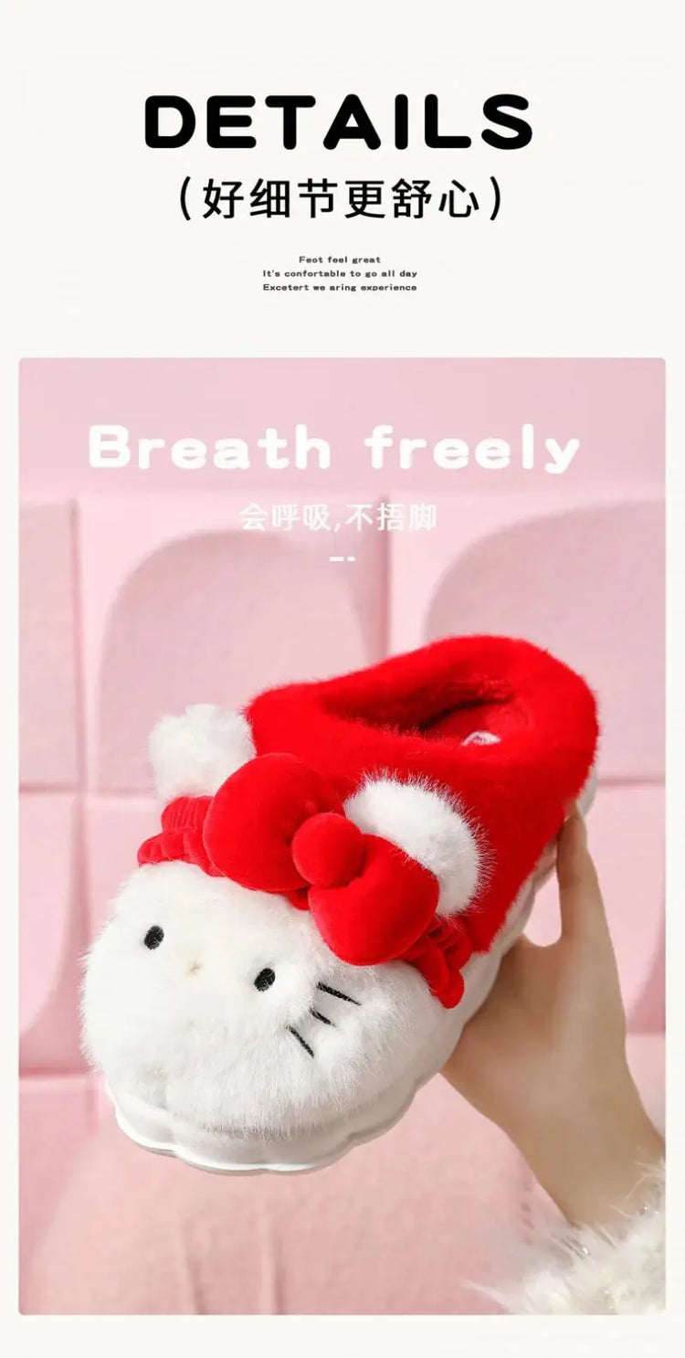 Women Cute Hello Kitty Thick Platform Plush Slippers Warm Fuzzy Non-Slip Bowknots Winter Indoor Bedroom Cozy Fluffy House Slides