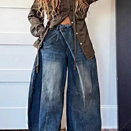 Y2K Jeans denim larghi da donna Tasca con bottoni asimmetrica Jean lavato Pantaloni casual Harajuku High Street Grunge Denim Trouders