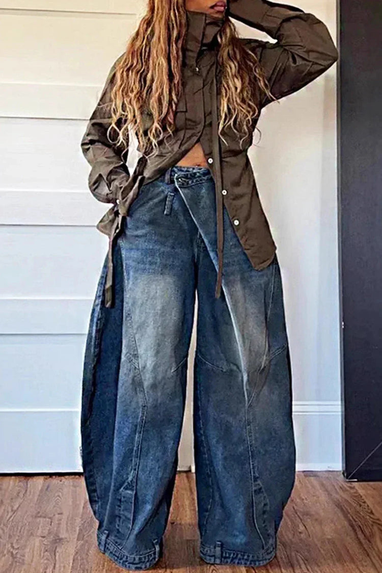 Y2K Jeans denim larghi da donna Tasca con bottoni asimmetrica Jean lavato Pantaloni casual Harajuku High Street Grunge Denim Trouders